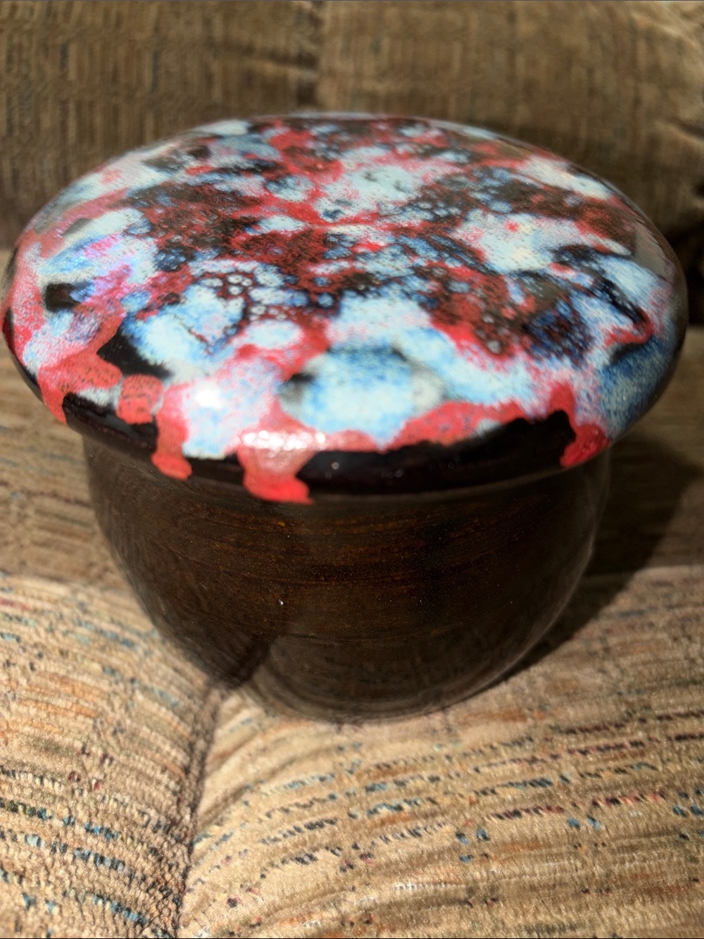 Handcrafted Ceramic Butter Dish with Red and Blue Glazed Lid